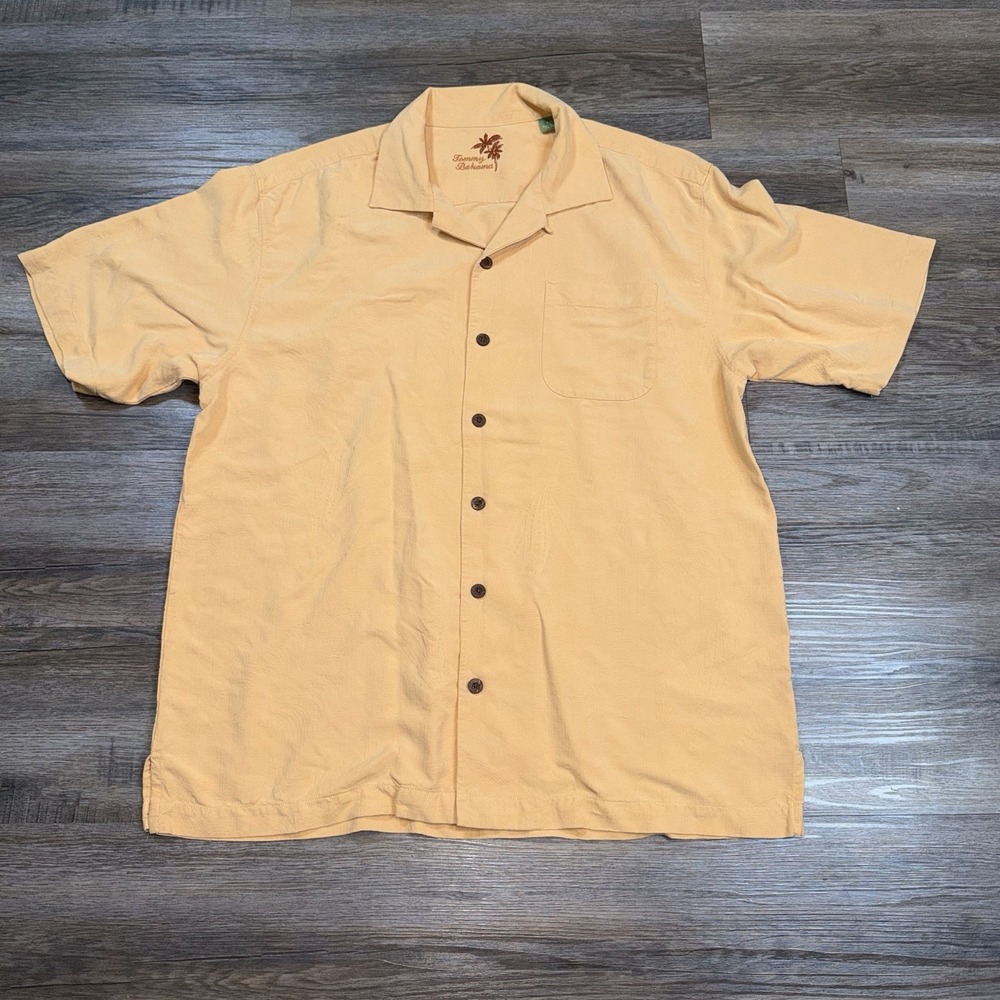 Tommy Bahama Shirt Mens L Short Sleeve Peach 100% Silk Resort Collar Button-Up